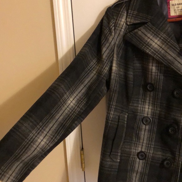 NEW gray / white plaid button up pea coat - Picture 5 of 7